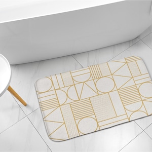 Bathroom Rug, Small Space Carpet, Geometric Figures, Yellow, Artistic Pattern, Non-Skid, Elegant Design, Toilet Mat