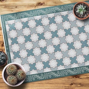 Turquoise Tiles Vinyl Matblue flooringgray PVC Matdecals Vinyl Floor Mat, Linoleum Rug, Area Rug, Vinyl Area Rug, Decorative Mat