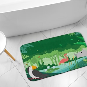 Green Kids Pattern, Exotic Animals, Bathroom Rug, Toilet Mat, Handmade Rug, Nonslip Rug, Floor Decoration