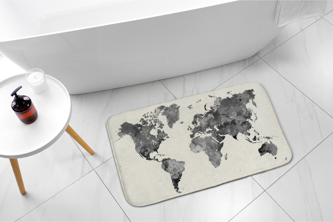 Bathroom Rug, Nonslip Rug, Map of the World, Black, Kid's Pattern ...