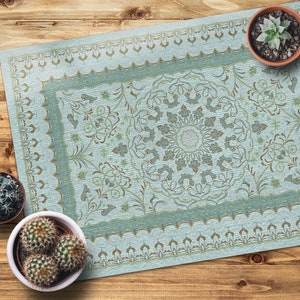 Blue Green Moroccan Seam Pattern Vinyl Mat, Blue Vinyl Rug, Green PVC Mat, Ornament Vinyl Floor Mat, Decorative Mat, Area Rug, Persian Mat