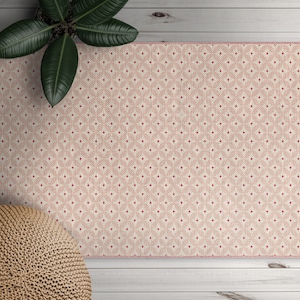 Pink Roses Linen Sack Pattern Vinyl Mat, Pink PVC Mat, Beige Vinyl Floor Mat, Geometric Vinyl Rug, Easy To Clean, Vinyl Flooring, Boho Rug