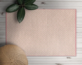Pink Roses Linen Sack Pattern Vinyl Mat, Pink PVC Mat, Beige Vinyl Floor Mat, Geometric Vinyl Rug, Easy To Clean, Vinyl Flooring, Boho Rug