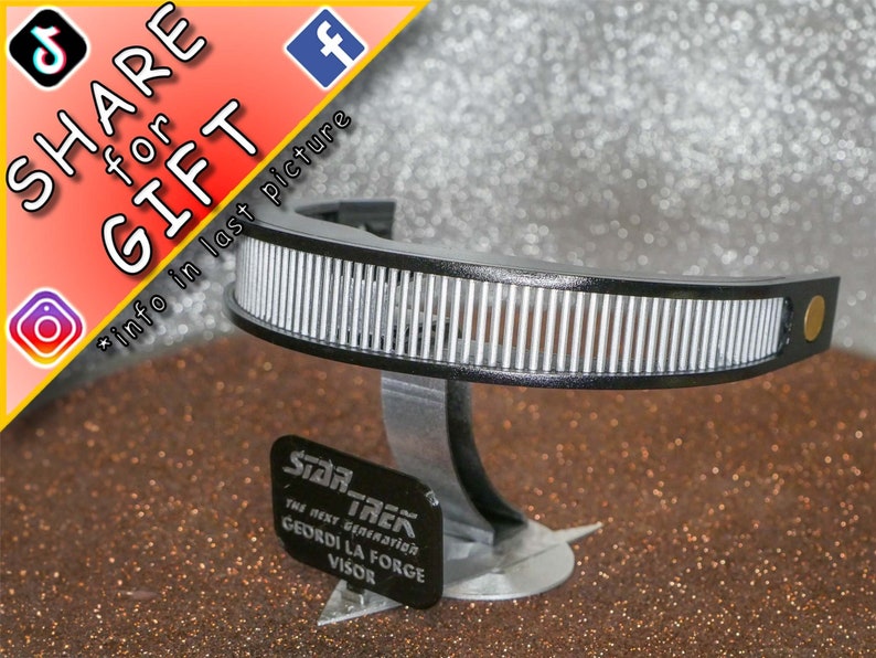 May include: A black visor with a silver grid pattern and a gold accent. The visor is labeled "Star Trek The Next Generation Geordi La Forge Visor".