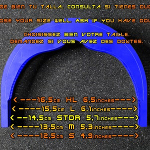 May include: Blue plastic headband size guide with measurements in centimeters and inches. The headband sizes are: HL (16.5 cm, 6.5 inches), L (15.5 cm, 6.1 inches), STDR (14.5 cm, 5.7 inches), M (13.5 cm, 5.3 inches), and S (12.5 cm, 4.9 inches).