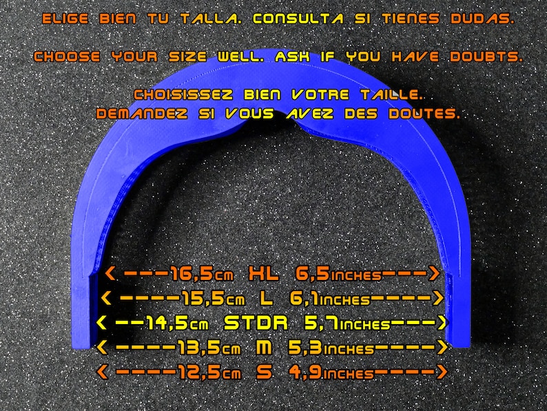 May include: Blue plastic headband size guide with measurements in centimeters and inches. The headband sizes are: HL (16.5 cm, 6.5 inches), L (15.5 cm, 6.1 inches), STDR (14.5 cm, 5.7 inches), M (13.5 cm, 5.3 inches), and S (12.5 cm, 4.9 inches).