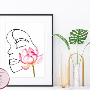 Minimalist Single Line Art depicting Powerful Woman&#39;s Face with Pink Lotus Flower, Printable Wall Art, Dreaming