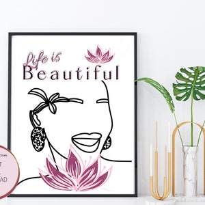 Minimalist Single Line Art Beautiful Woman&#39;s Face, Pink Burgundy Lotus, Printable Wall Art, Life is Beautiful