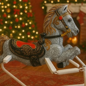 May include: A grey rocking horse with a red and black saddle, gold detailing, and a white frame. The horse is set against a backdrop of a Christmas tree with fairy lights and a red rug.