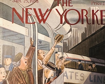Portada vintage de la revista The New Yorker – 25 de enero de 1958 / Ilustración de mediados de siglo / Escena de viaje y partida