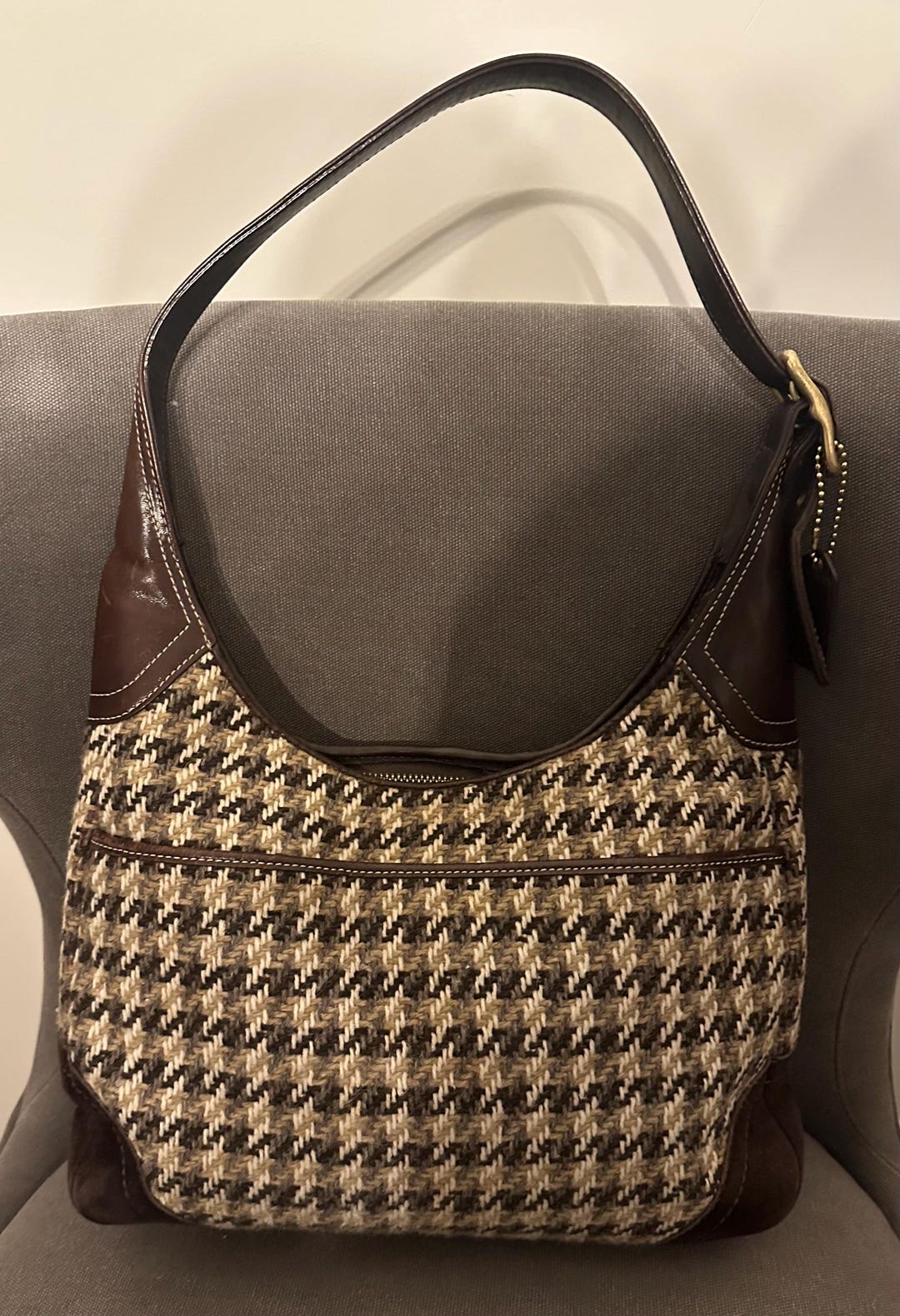 COACH Vintage Houndstooth Wool Suede Tweed Shoulder Bag