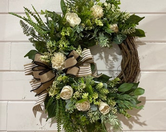 Medium Green and Cream Sola Wood Flower Wreath: Everyday Front Door Decor
