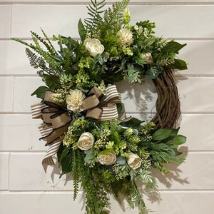 Medium Green and Cream Wreath  on 14” grapevine, Every day wreath, Year around wreath for Front Door.