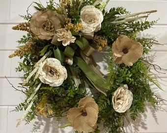 Burlap Flower Wreath: Farmhouse Front Door Decor
