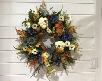 Fall pumpkin and gourds wreath, fall wreath for front door, pumpkin wreath