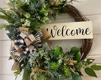 Farmhouse Grapevine Wreath, Eucalyptus & Buffalo Plaid Ribbon, Welcome Sign- Medium or Large size wreath.