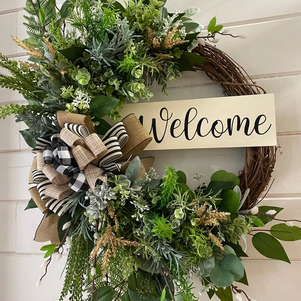 Farmhouse Everyday grapevine wreath, Farmhouse Front Door Decor, Farmhouse Front Door Wreath, Everyday Wreath Decor, Green and Cream wreath