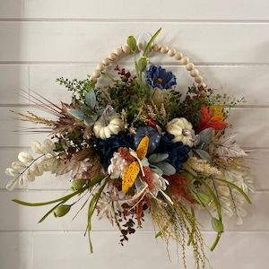 Beaded fall wreath with pumpkin, wreath for front door, pumpkin wreath