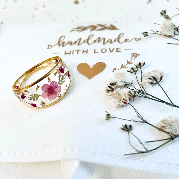Resin ring with pressed flowers; natural dried flower ring; elegant ring