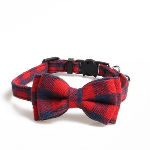 Choice of Fabric Buffalo Check Plaid Lightweight Breakaway Cat Collar with detachable bowtie and bell, Small Dog Collar Red