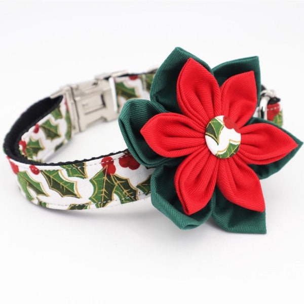 The "HOLLY" Christmas Holiday Dog Collar with detachable flower embellishment, leash combo option, girl or boy