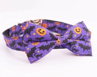 The "ELVIRA" Halloween Holiday Themed Dog Collar with detachable flower embellishment, with Pumpkins, Bats & Black Cats
