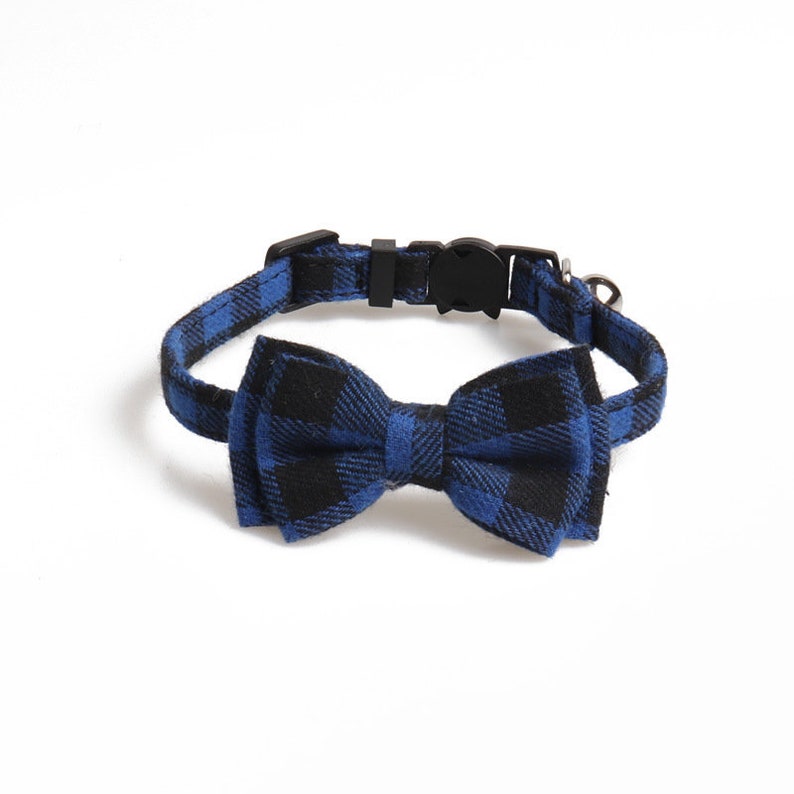 Choice of Fabric Buffalo Check Plaid Lightweight Breakaway Cat Collar with detachable bowtie and bell, Small Dog Collar Blue