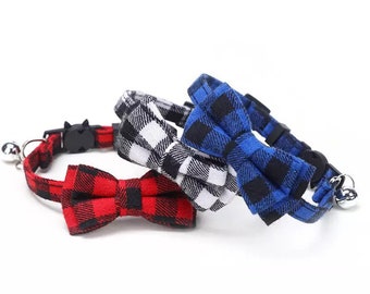 Choice of Fabric Buffalo Check Plaid Lightweight Breakaway Cat Collar with detachable bowtie and bell, Small Dog Collar