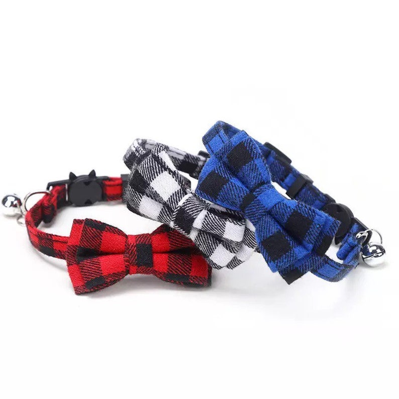 Choice of Fabric Buffalo Check Plaid Lightweight Breakaway Cat Collar with detachable bowtie and bell, Small Dog Collar image 1
