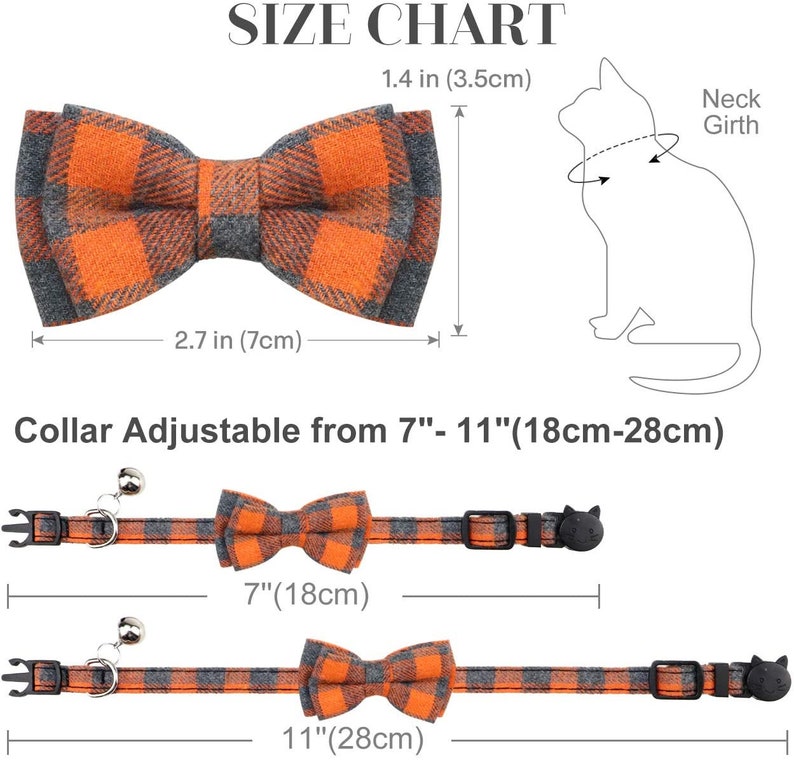 Choice of Fabric Buffalo Check Plaid Lightweight Breakaway Cat Collar with detachable bowtie and bell, Small Dog Collar image 3
