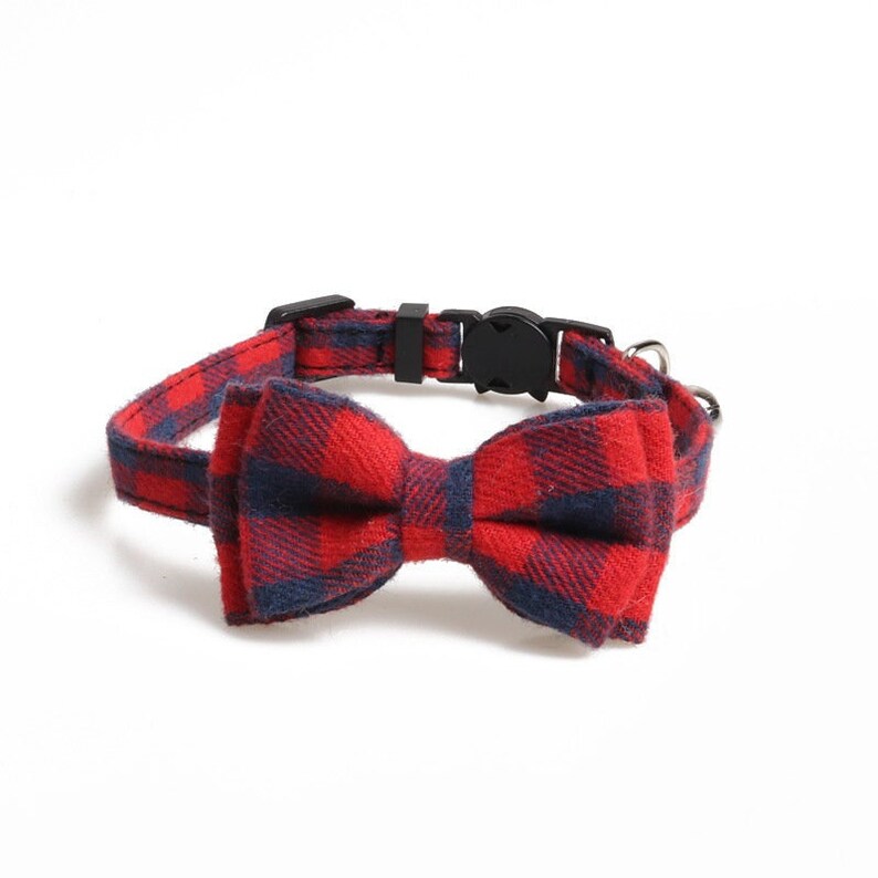 Choice of Fabric Buffalo Check Plaid Lightweight Breakaway Cat Collar with detachable bowtie and bell, Small Dog Collar Red