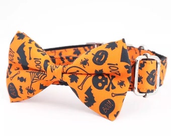 The "BLAIR" Spooky Halloween Holiday Dog Collar with detachable Bowtie embellishment, Pumpkin Skull, Crossbones, Bat, Spider girl dog boy