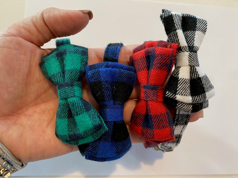 Choice of Fabric Buffalo Check Plaid Lightweight Breakaway Cat Collar with detachable bowtie and bell, Small Dog Collar image 2