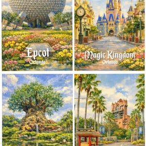 Peut inclure: Quatre peintures colorées de parcs à thème d'Orlando. Epcot présente une grande sphère géodésique. Magic Kingdom montre un château. Animal Kingdom affiche un grand arbre. Hollywood Studios a un tramway rouge. Chaque image a le nom du parc.