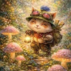 以下が含まれることがあります： 森の中にいる、笑顔の猫のようなキャラクターのイラスト。キャラクターはゴーグル付きの緑色の帽子、バックパックを身に着け、光るランタンを持っています。赤と白の斑点のある大きなキノコが風景に点在しています。