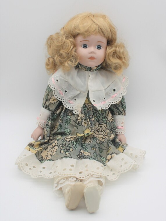 Vintage Porcelain Doll: Blonde Curls, Floral Lace Dress (16 Inch