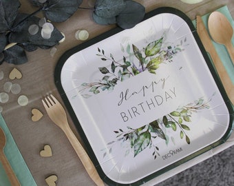 DECORAMI Pappteller "Happy Birthday Botanical" Ø 23cm | 6 Stk. | 12 Stk. | 18 Stk. | 24 Stk. | (100% Umweltfreundlich!)