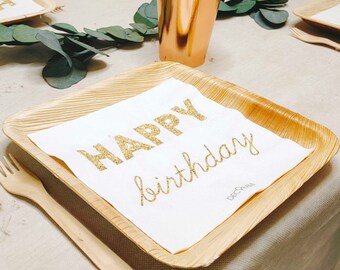 DECORAMI Happy Birthday Sparkle Servietten 20+1 STK. | Plastikfreie Geburtstagsservietten | Papierservietten | 33x33 cm | Weiß Gold