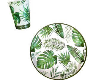 DECORAMI Premium Partygeschirr | für 16 Personen | Pappgeschirr Set | Party Dekoration | Einweggeschirr | aus Papier/Pappe | Tropical