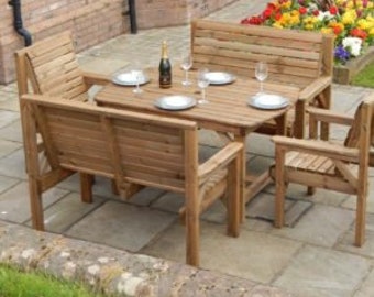 Patio Garden Set - 4ft 6 Wooden Table , 2 Benches & 2 Chairs