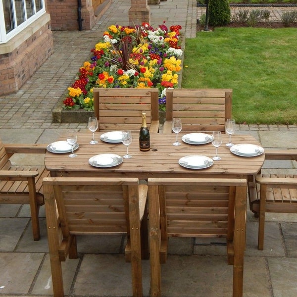 Patio Garden Set - 6ft Wooden Table & 6 Chairs