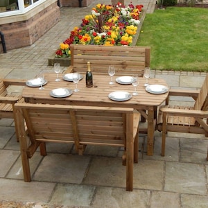 Patio Garden Set - 6ft Wooden Table, 2 Benches & 2 Chairs