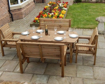 Patio Garden Set - 6ft Wooden Table, 2 Benches & 2 Chairs