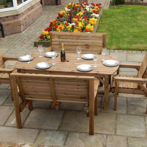 Patio Garden Set - 6ft Wooden Table, 2 Benches & 2 Chairs