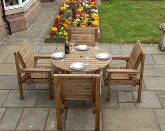 Patio Garden Set - 1.1 Metre Wooden Round Table & 4 Chairs