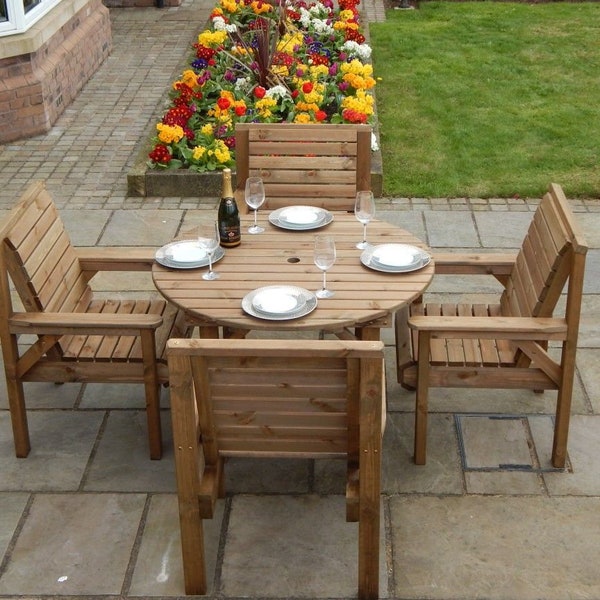 Patio Garden Set - 1.1 Metre Wooden Round Table & 4 Chairs