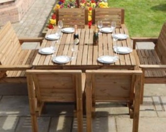 Patio Garden Set - 5ft Wooden Table, 2 Benches & 4 Chairs