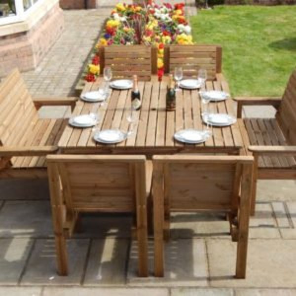 Patio Garden Set - 5ft Wooden Table, 2 Benches & 4 Chairs