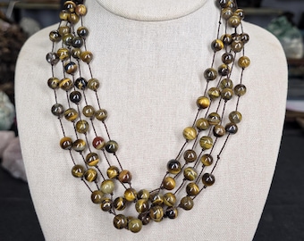 Multi Strand Tiger’s Eye Necklace 18”, Brown Boho Statement Necklace, Natural Gemstone Beaded Jewelry, Layered Earth Tone