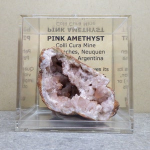 Beautiful Pink Amethyst Geode Colli Cura Mine, Patagonia, Argentina comes with 2.4in x 2.4in. Display Box and ID card